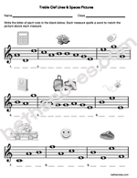 Treble Clef Lines Spaces Words Pictures worksheet1-bn