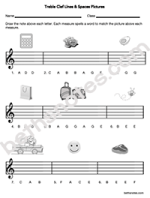 Treble Clef Lines Spaces Words Pictures worksheet2-bn